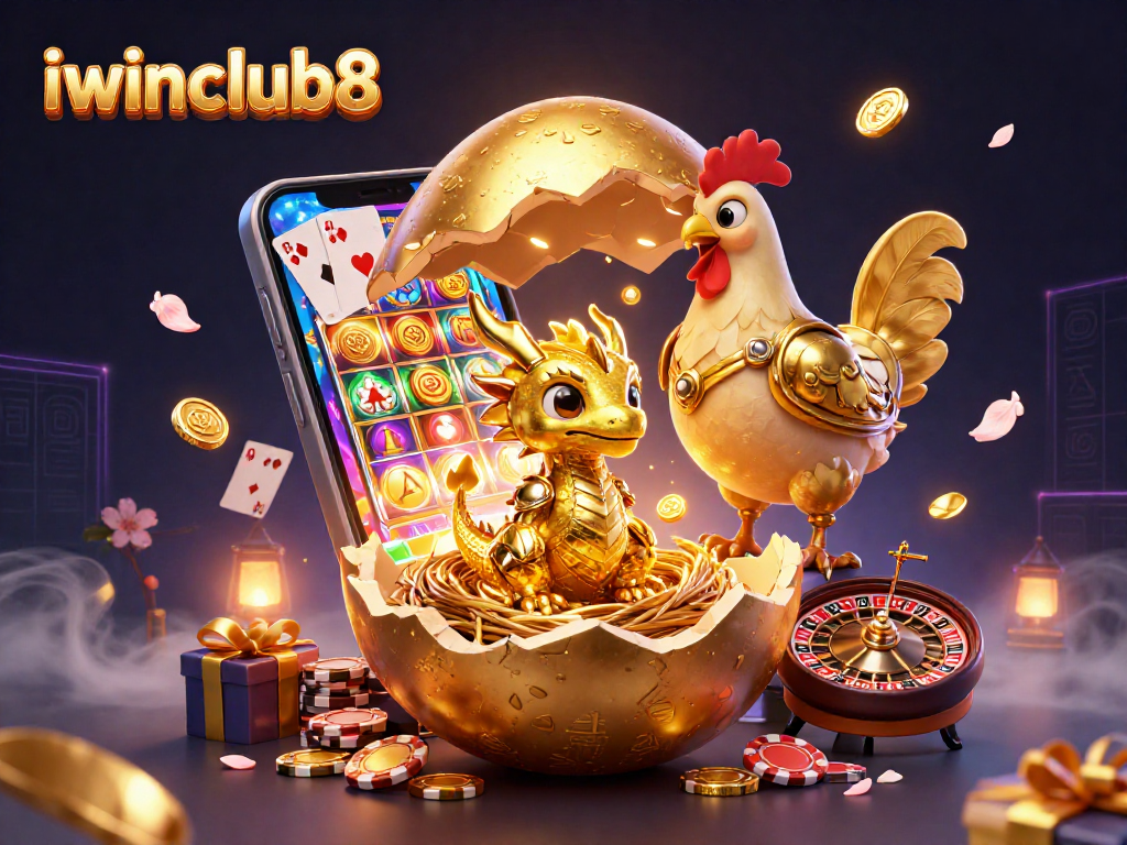 Engage with iwinclub8's vibrant gaming experience through a dazzling golden dragon surrounded by casino elements.