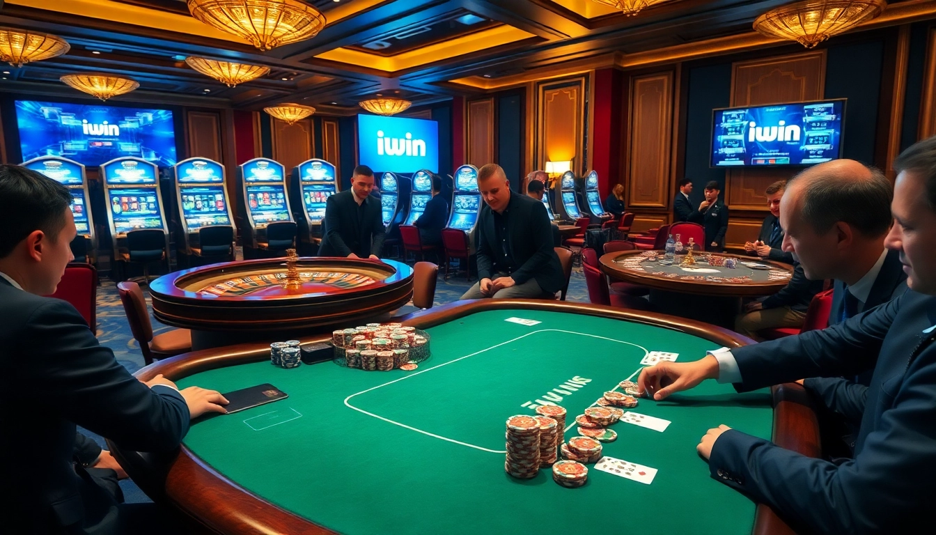 Exciting iwin casino action featuring a high-stakes poker table with intense gameplay.
