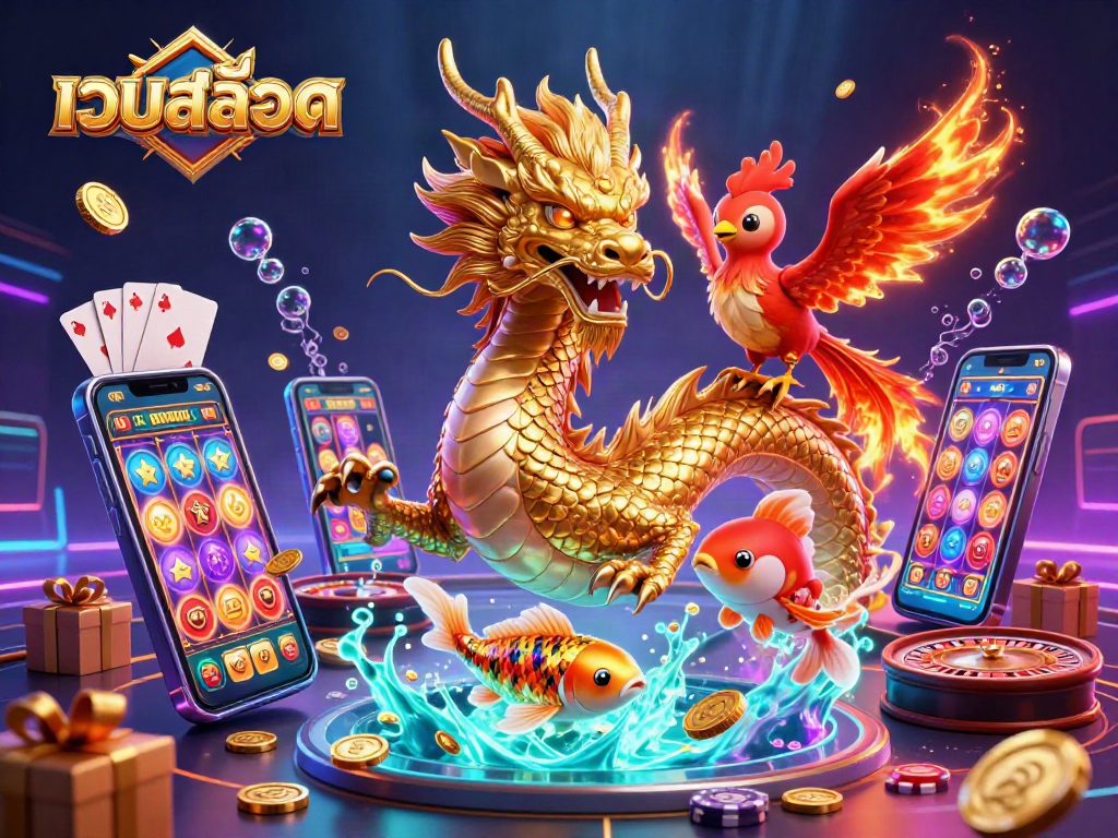 Experience thrilling เว็บสล็อต action with a 3D dragon, phoenix, and koi amidst casino elements.