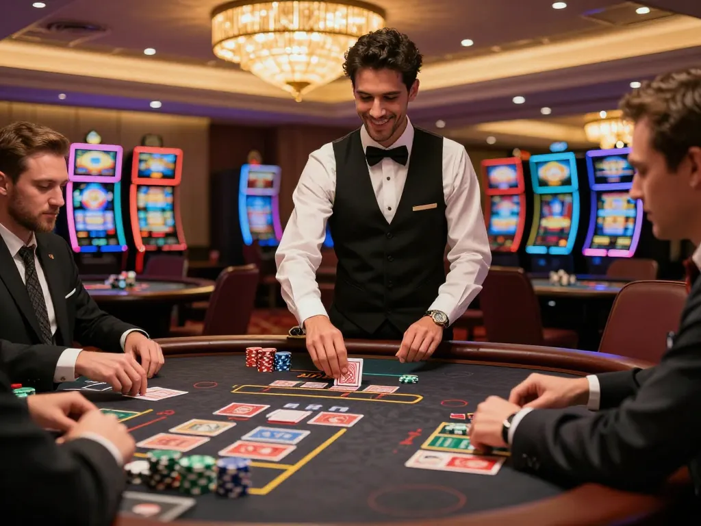 Engaged players at king33 blackjack table strategizing bets in an upscale casino environment