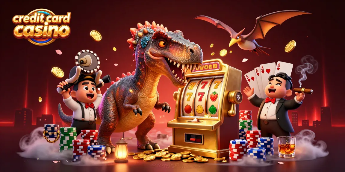 Catch exciting wins at a credit card casino, featuring a dynamic 3D scene with dinosaurs and slot machines.