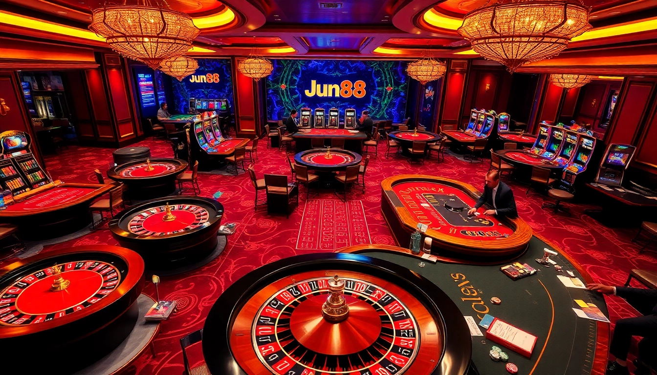 Experience the excitement of Jun88 as players engage at luxurious casino tables with roulette wheels and poker chips.