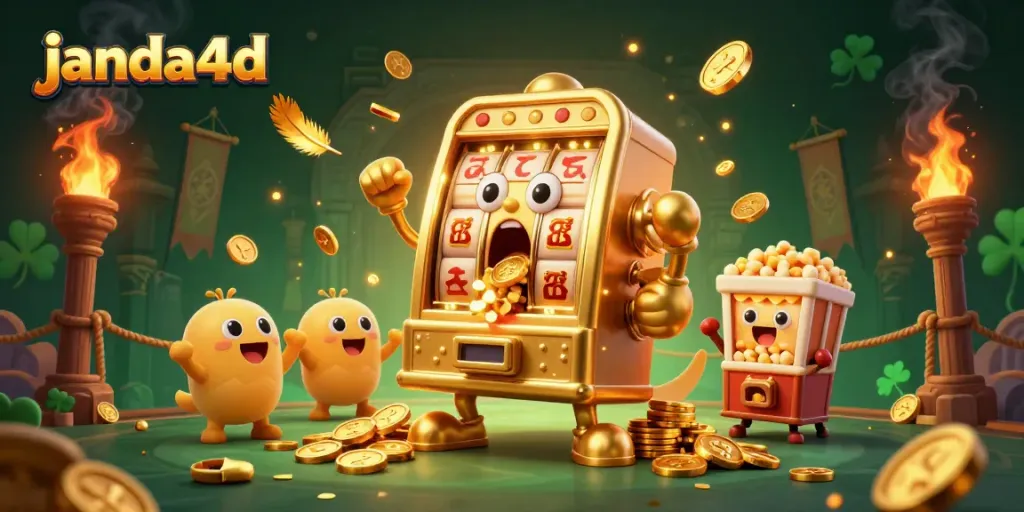 JANDA4D menghadirkan slot emas yang bahagia saat jackpot, dikelilingi suasana kasino yang meriah.