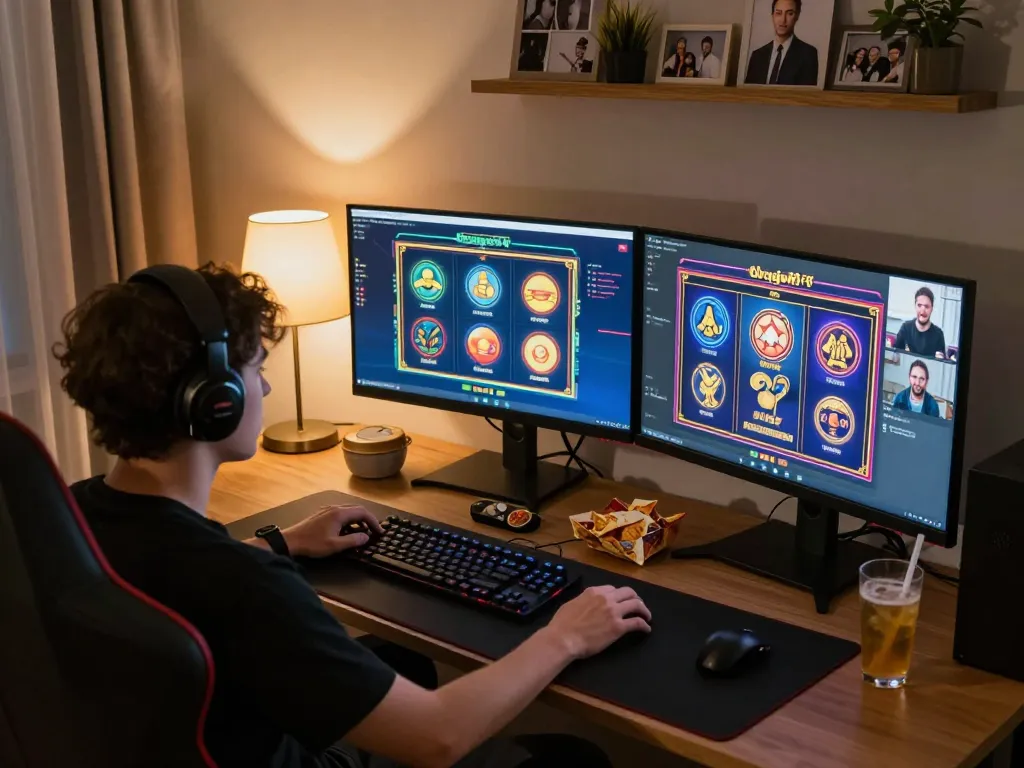Menikmati permainan online dragon77 dengan tampilan slot berwarna-warni di pengaturan rumah yang nyaman.