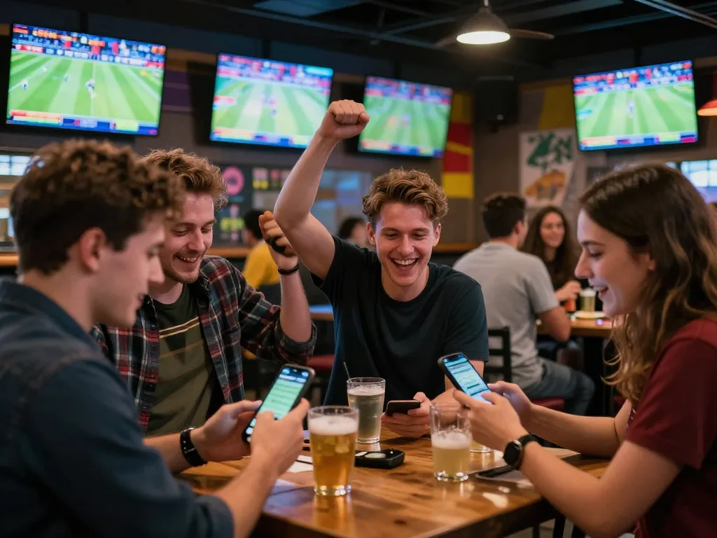 Exciting sports betting scene at Kebet, patrons celebrating with drinks and checking apps