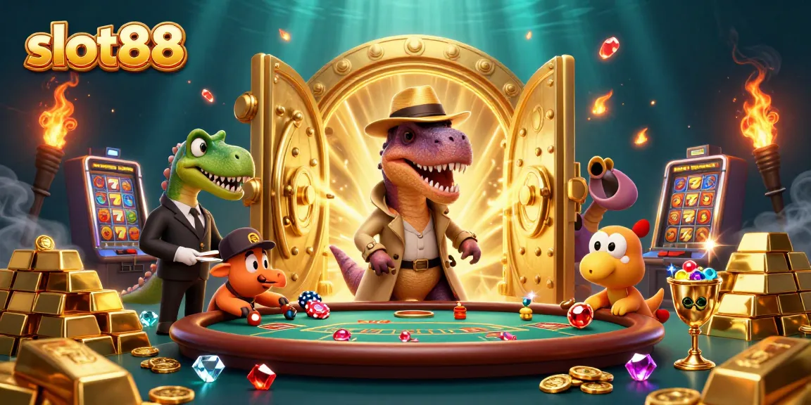 Experience exciting slot88 action with a velociraptor card counter and colorful casino elements.