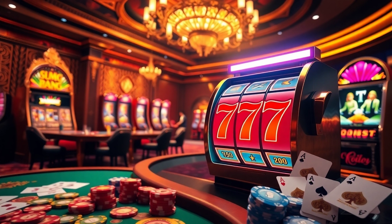 A lively casino scene featuring vibrant slot777 machines and colorful casino chips.