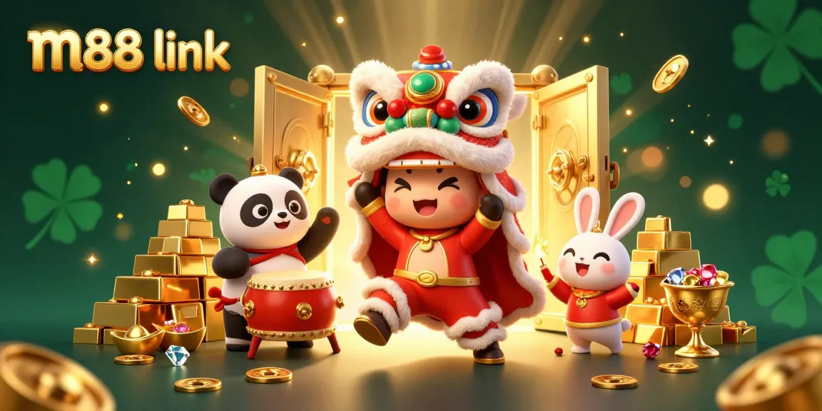 Chiến thắng lớn với liên kết m88 featuring các nhân vật rực rỡ và đá quý trong một bối cảnh casino lễ hội.