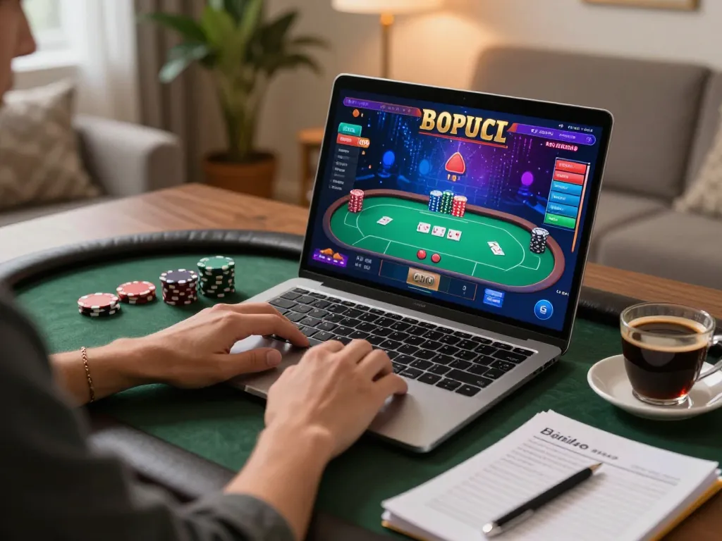 Player enjoying vin88 online poker at home, surrounded by strategy notes and warm atmosphere.