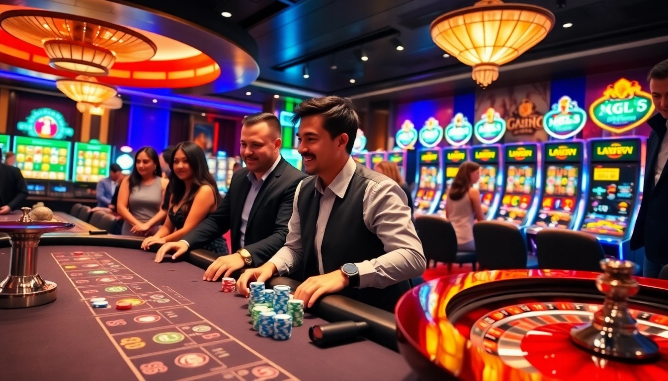Players enjoy engaging casino games at xx88 com with vibrant tables and slot machines.