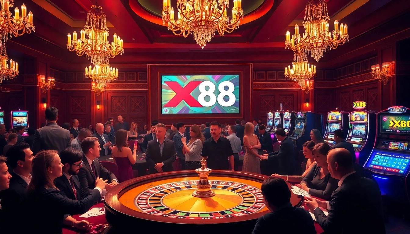 Exciting casino scene with XX88 branding, featuring a roulette wheel and enthusiastic players.