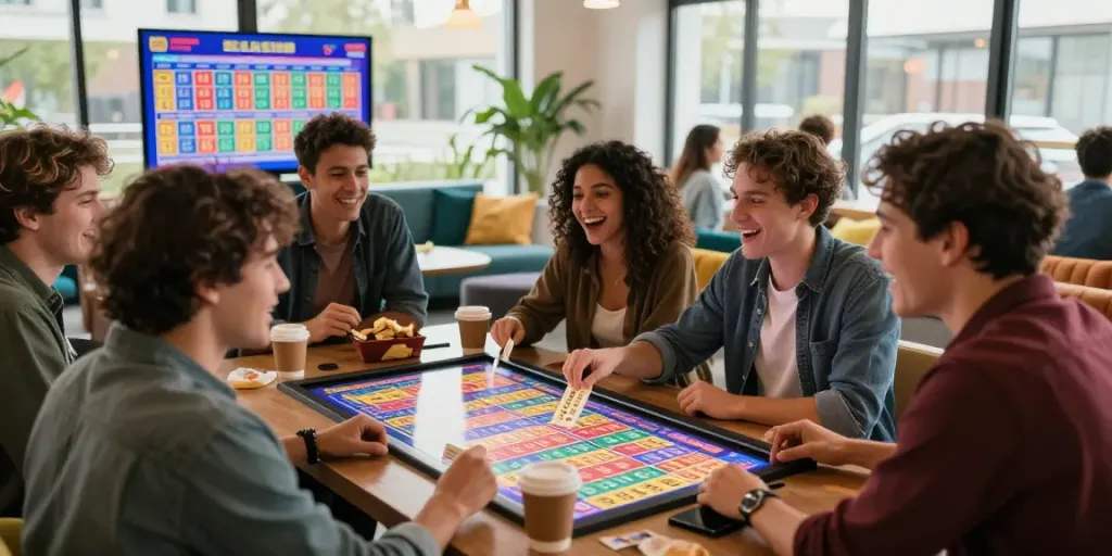 Grup teman memainkan ratutogel dengan antusias di lounge modern, menunggu hasil undian.
