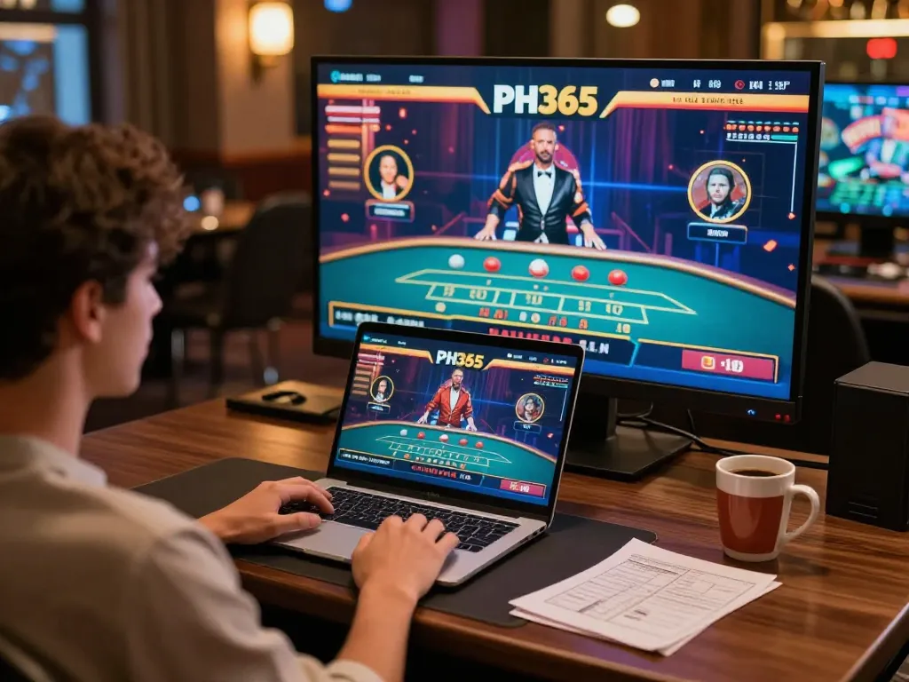 Player enjoying live Baccarat on PH365 online casino, showcasing vibrant gaming and cozy atmosphere.