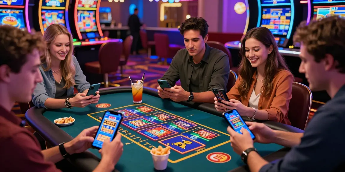 Friends enjoying bonus buy slots on their smartphones at a lively casino table, vibrant atmosphere with neon lights.