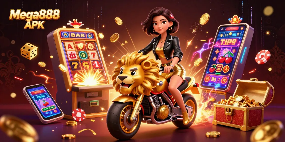 Mega888 APK showcasing a glamorous scene with a woman on a golden lion mascot, bursting slot machine, and vibrant casino elements.