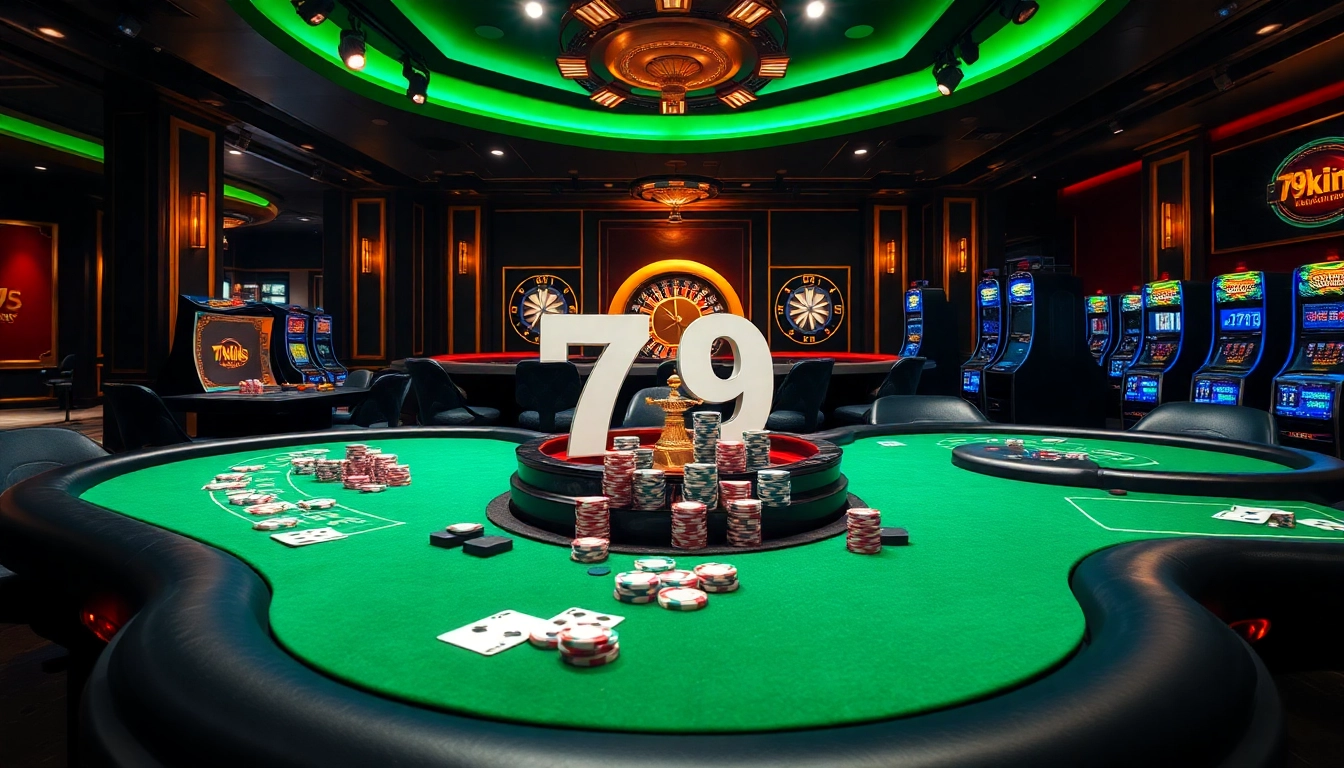 Experience thrilling betting action at 79king with luxurious poker tables, vibrant roulette wheels, and exciting slot machine displays.