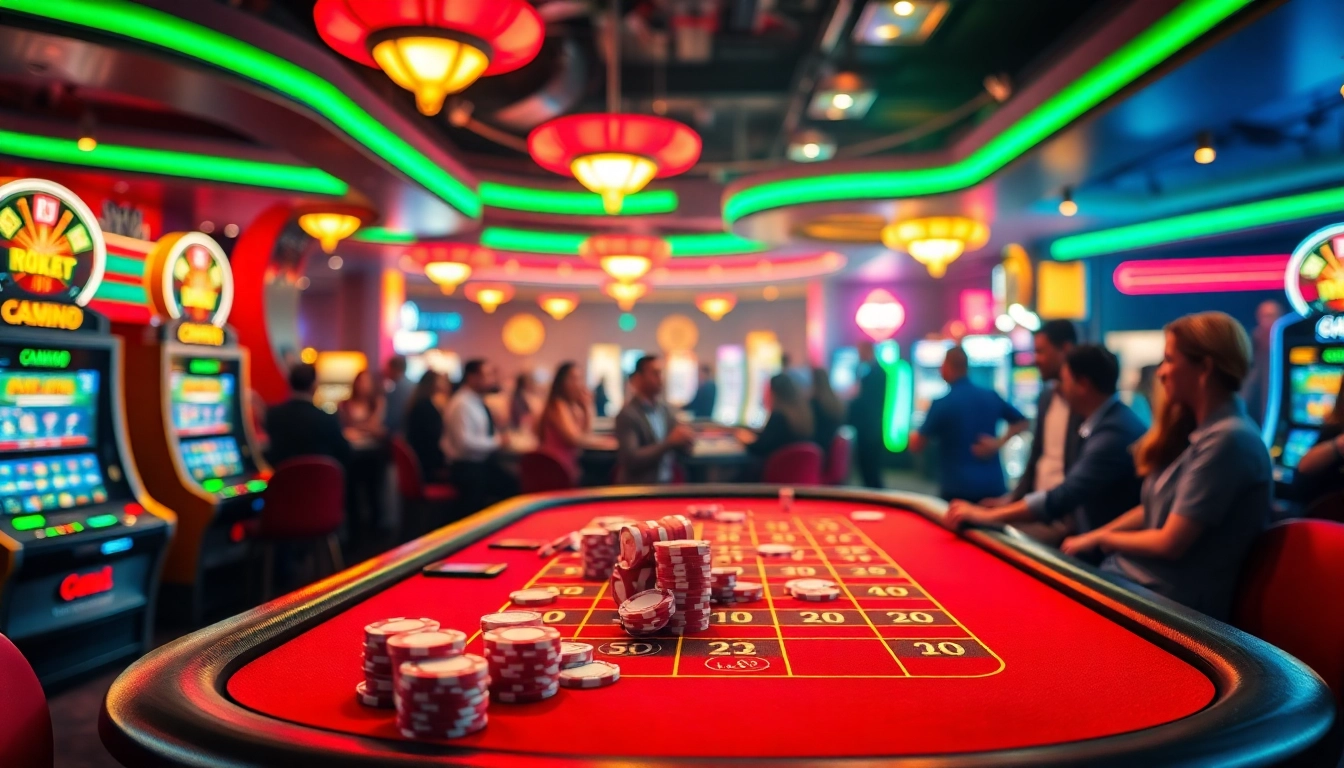 Experience excitement at the GemBet Betting Site with lively casino gaming tables and vibrant lights.
