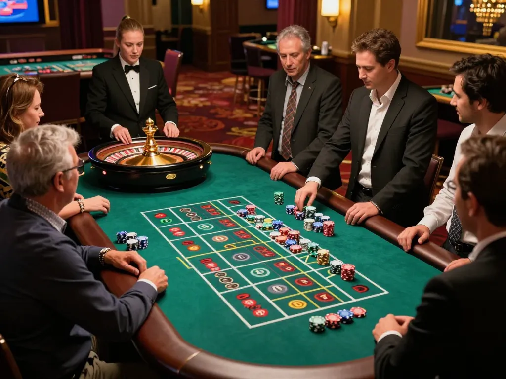 Players placing bets at a lively roulette table, showcasing IWIN's thrilling casino atmosphere