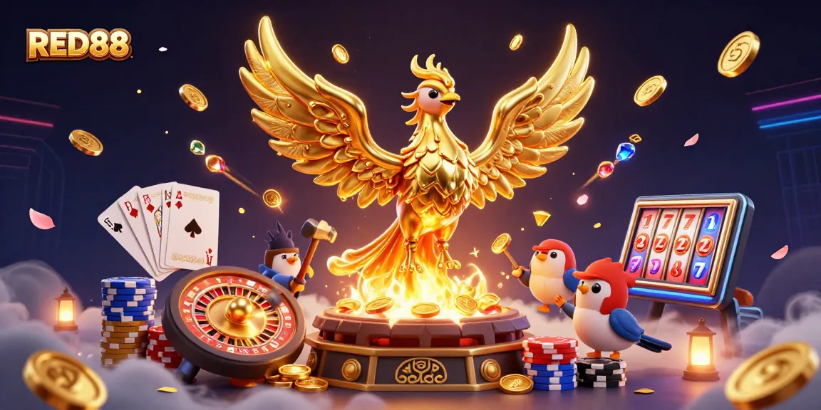 Experience RED88’s vibrant gaming world filled with golden phoenixes and exciting casino elements.