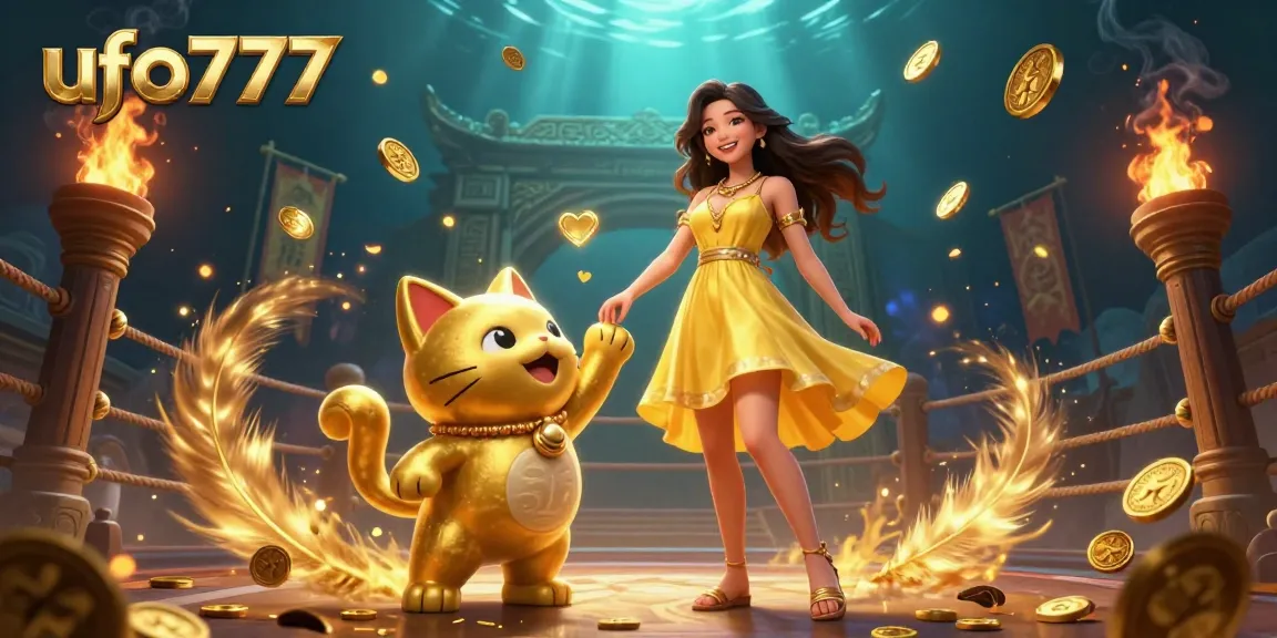 Experience excitement with ufo777, featuring a joyful Asian woman with golden coins and a lucky cat in a vibrant gaming scene.