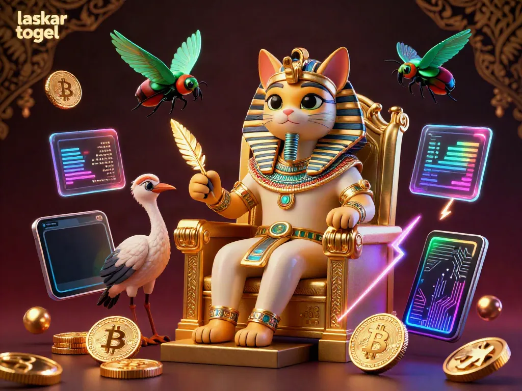 Experience the excitement of laskar togel in a vibrant 3D scene with Egyptian themes and cryptocurrency elements.