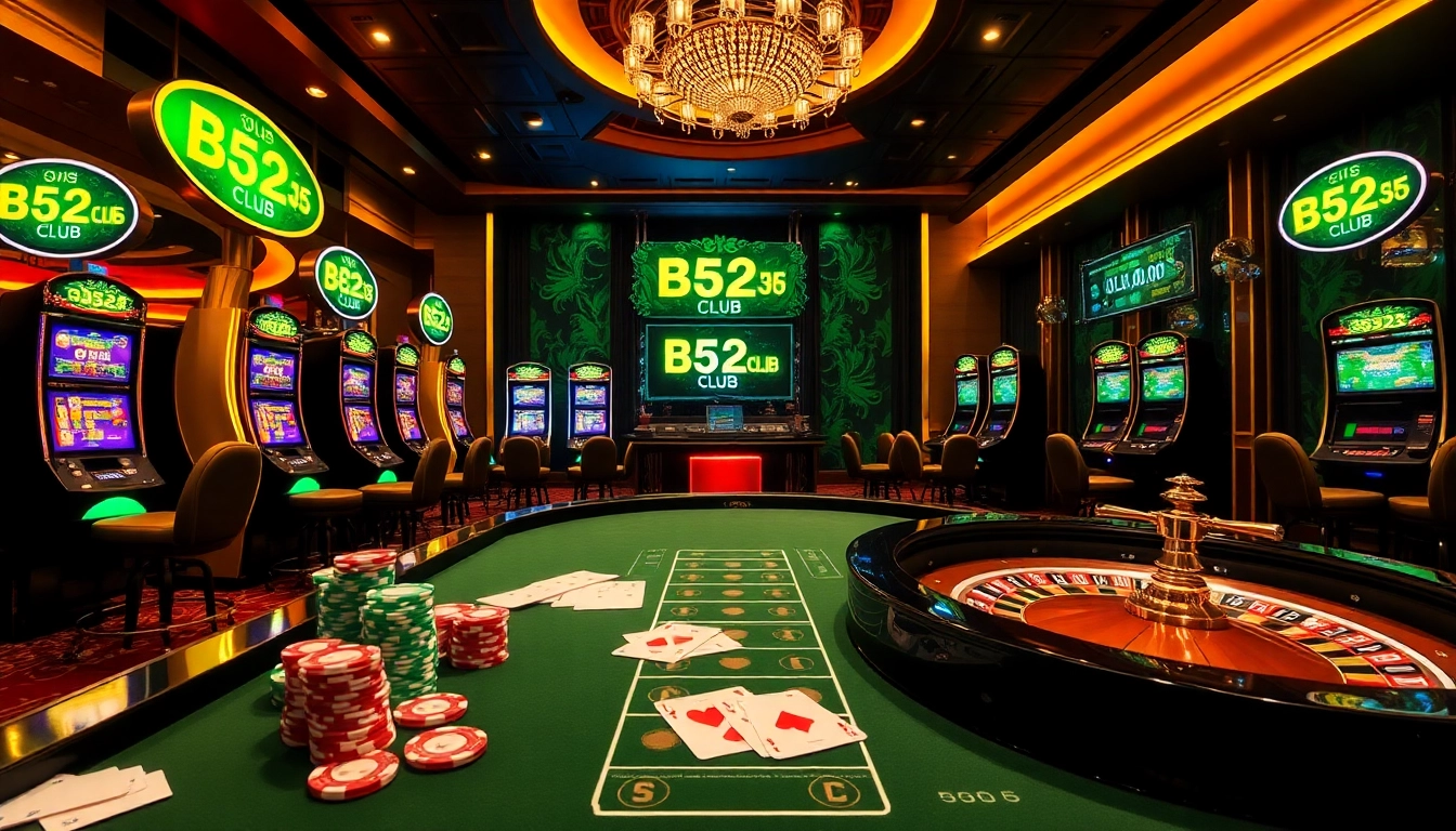 B52club engaging players in a thrilling casino experience with vibrant slot machines and poker chips.