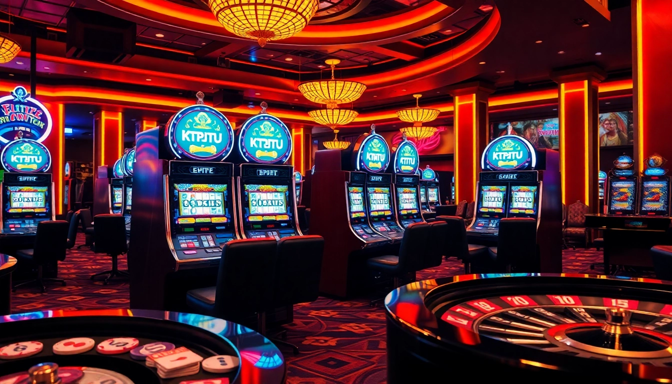KTPJITU slot machines shining in an elegant casino, surrounded by poker chips and roulette wheels.