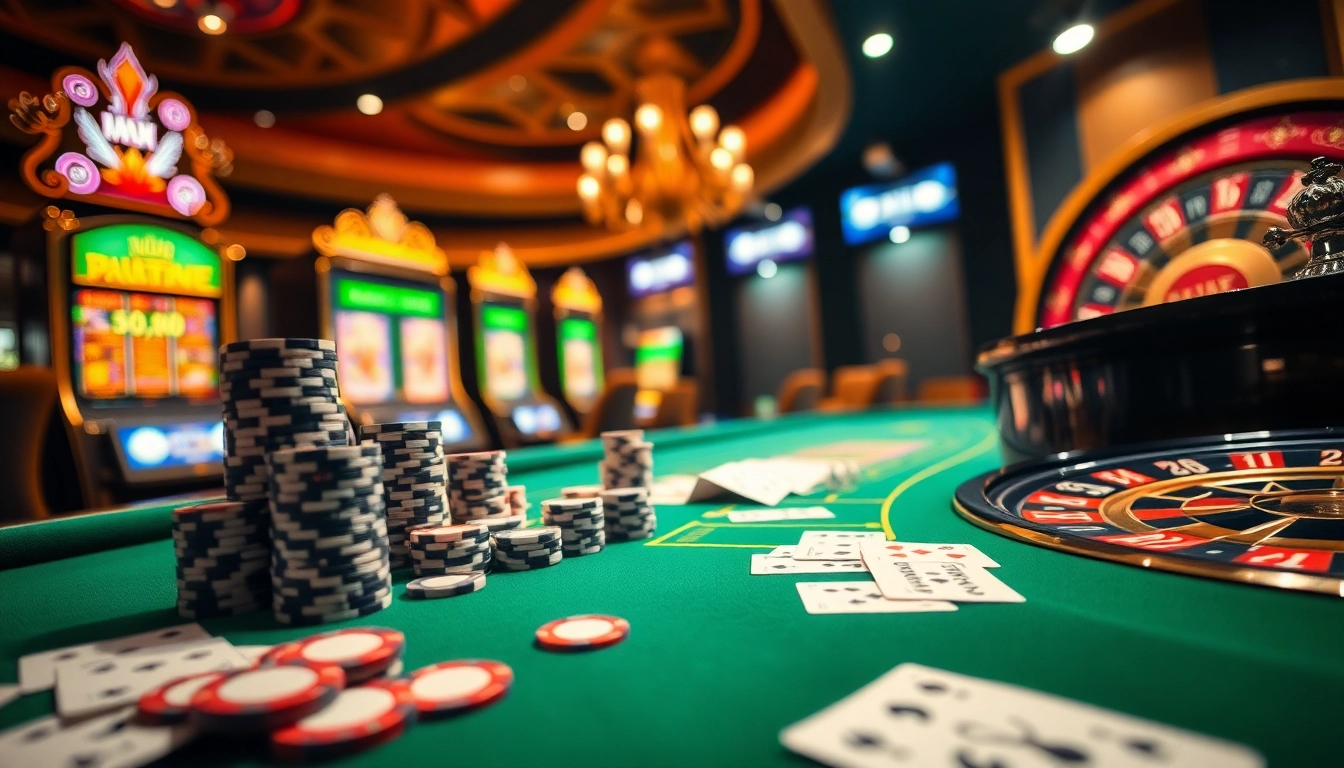 Experience high-stakes gambling with nk88 in a vibrant casino scene featuring slot machines and poker chips.