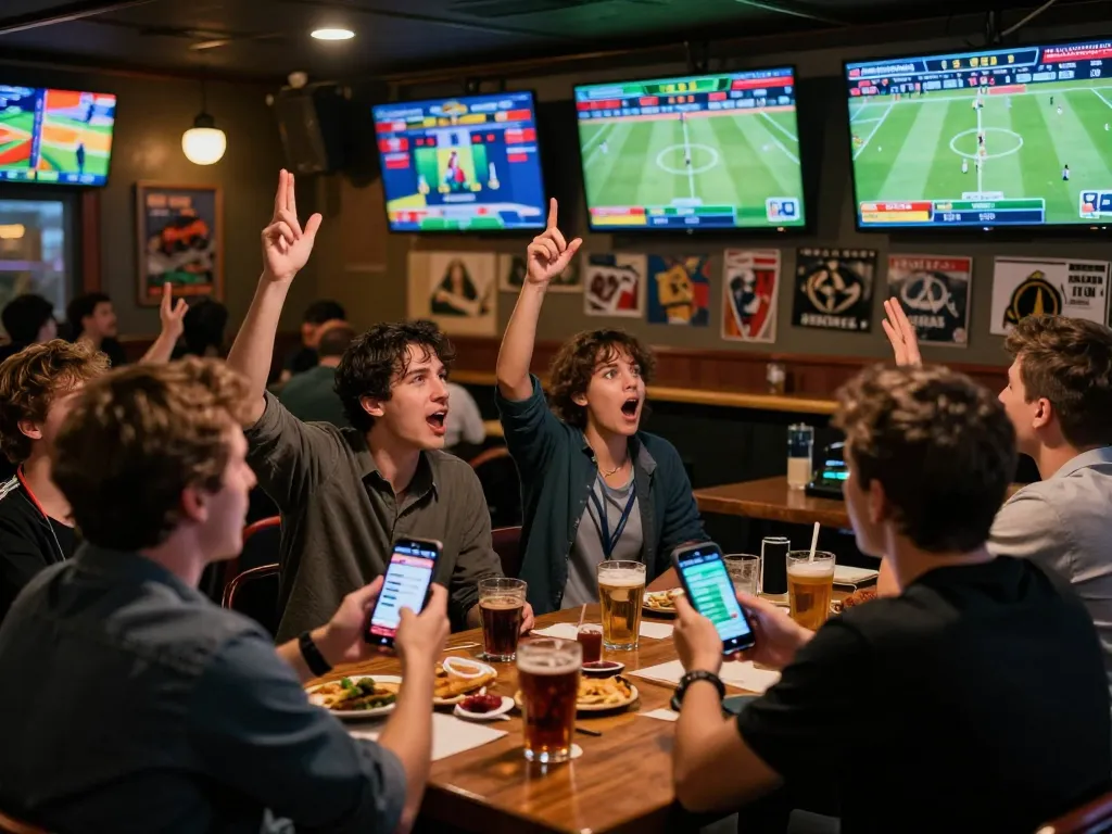 NET88 sports betting excitement, individuals engaged with games and betting apps in lively setting