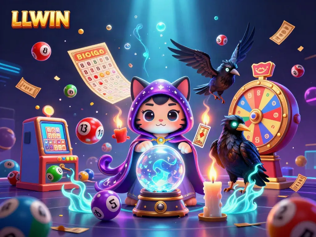 Experience the thrill of LLWIN with a vibrant, dynamic casino illustration featuring a fortune teller cat and raven.