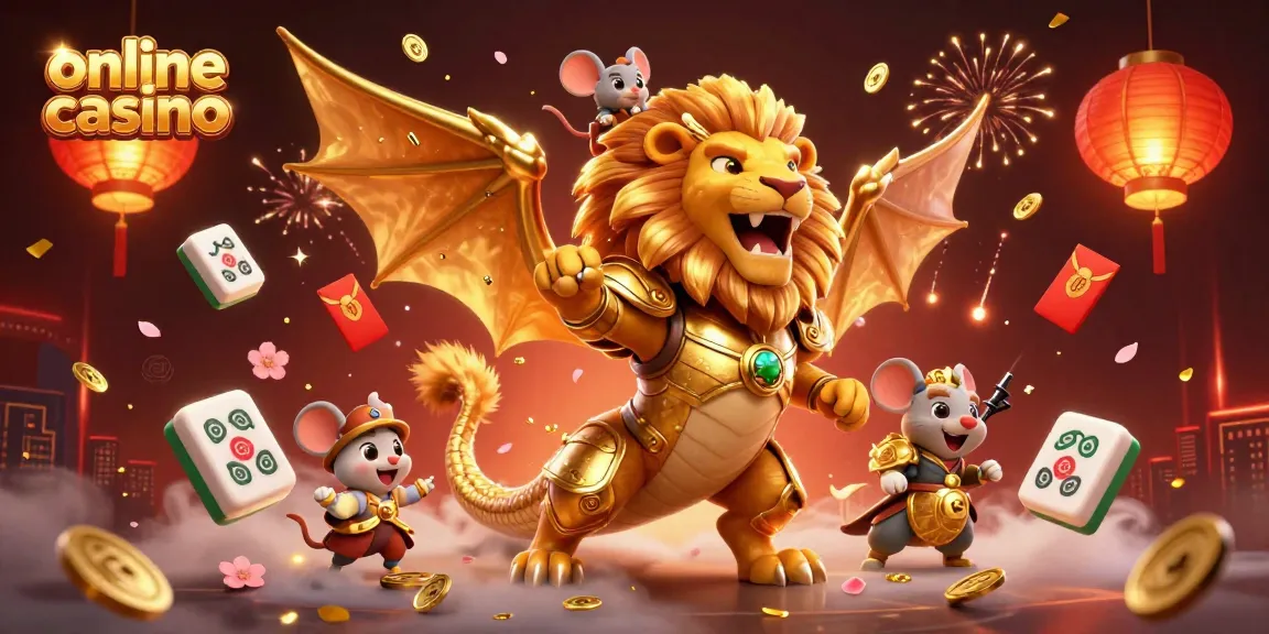 Play thrilling games at an online casino featuring a powerful chimera, vibrant decorations, and festive energy.