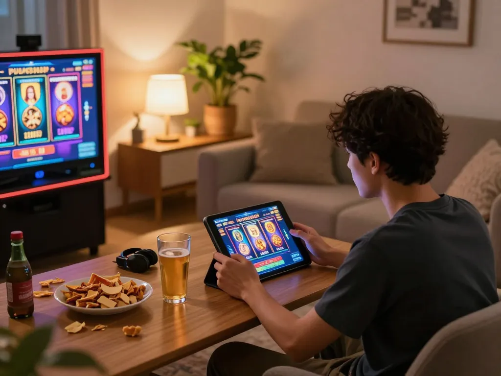 Player enjoying slot88 games on tablet in cozy home setting with snacks and drinks