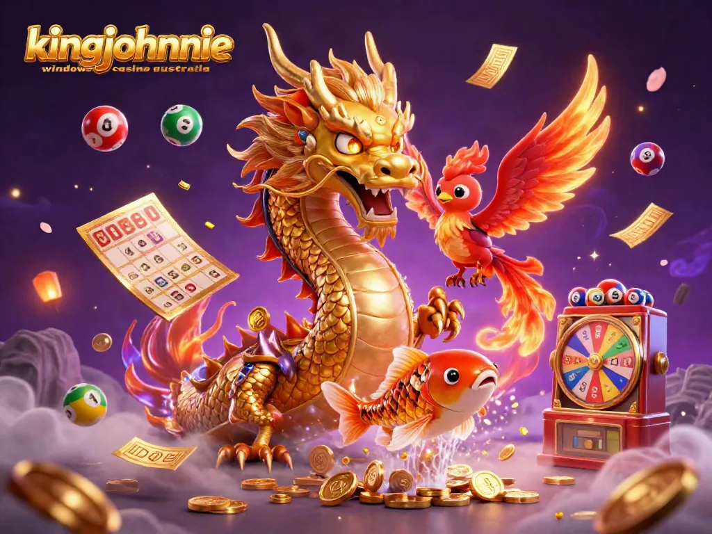 Enjoy kingjohnnie windows casino australia with a dynamic 3D illustration featuring a golden dragon, phoenix, and koi fish.