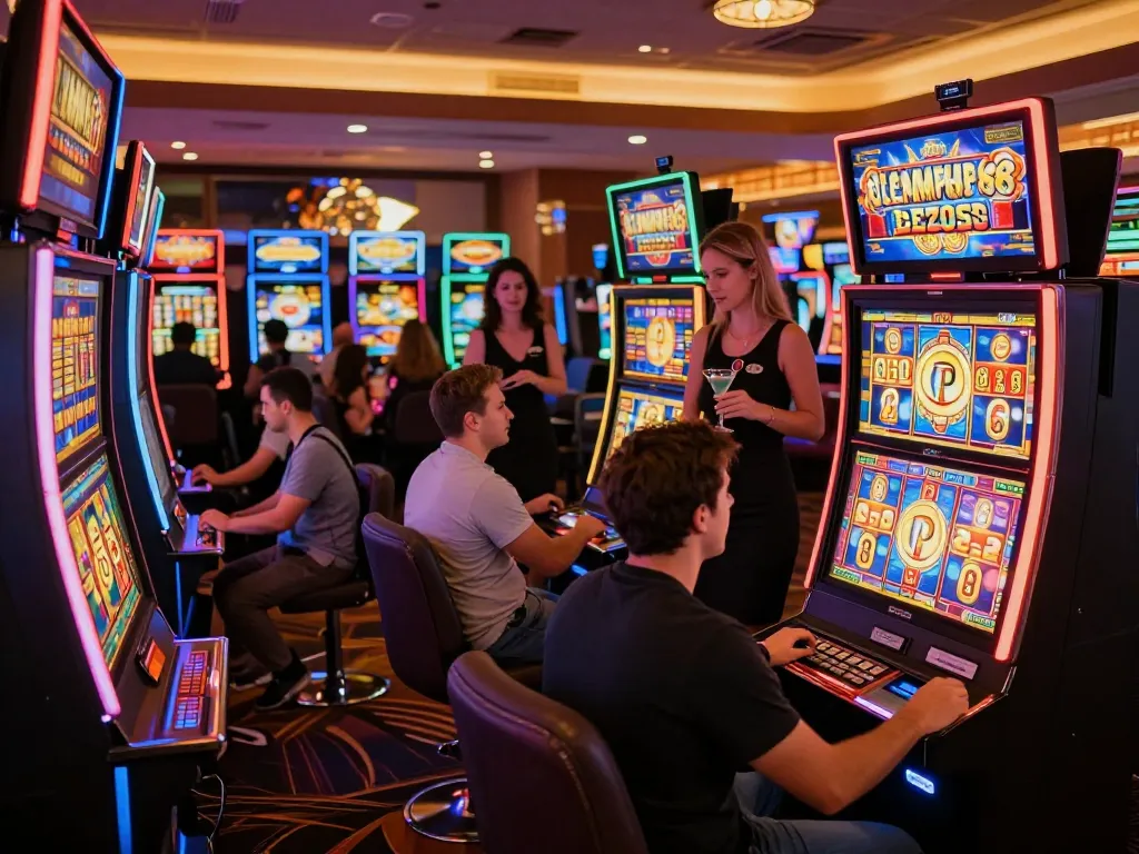 Players enjoying OLYMPUS88 slot machines with vibrant displays in a lively casino atmosphere.