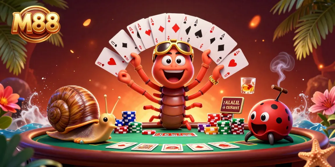 M88 online casino scene featuring a millipede dealer and snail high-roller at a vibrant poker table.
