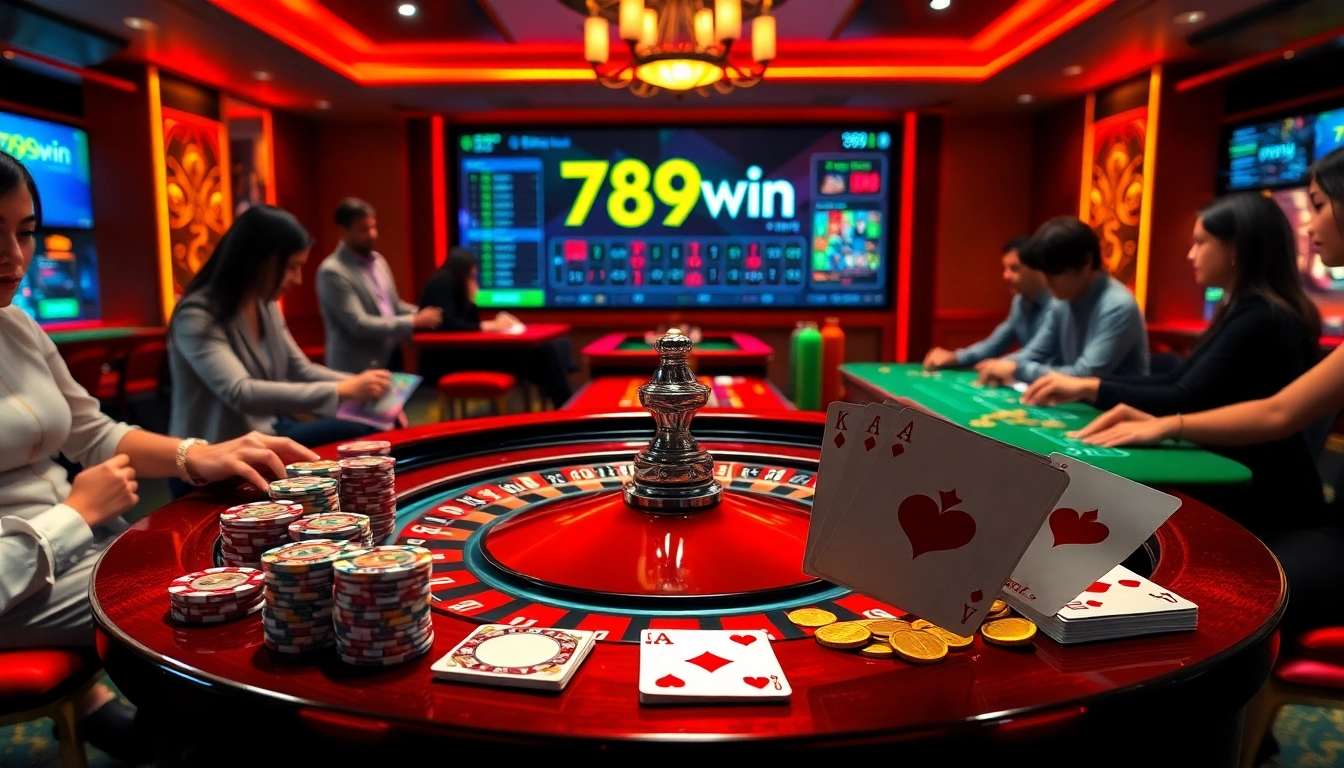 Exciting casino scene featuring the 789win logo amidst roulette wheels and poker chips.