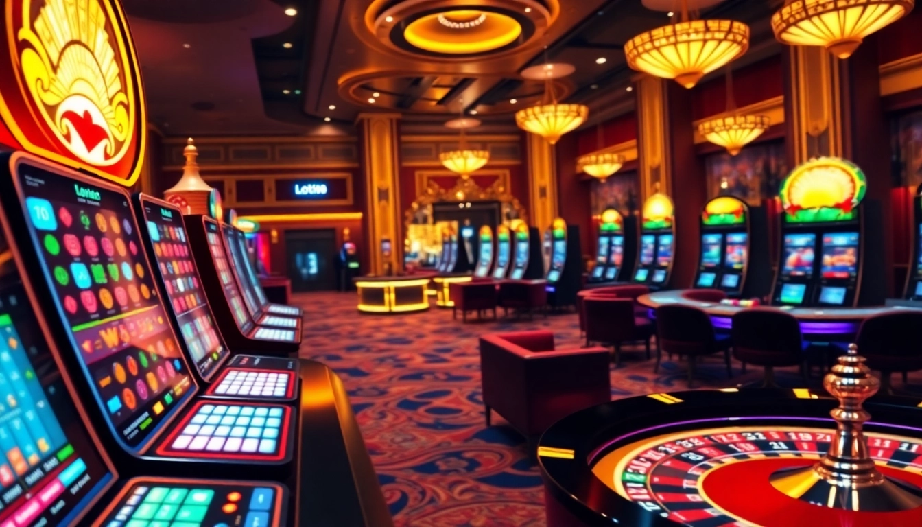 Loto188 online gambling scene featuring slot machines and poker tables in a vibrant casino setting