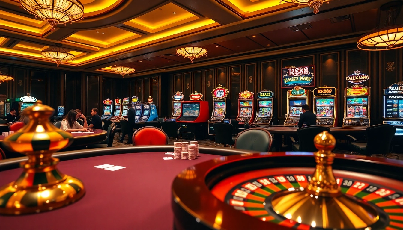 Players enjoying the thrilling RR88 casino experience with poker chips and vibrant slot machines.