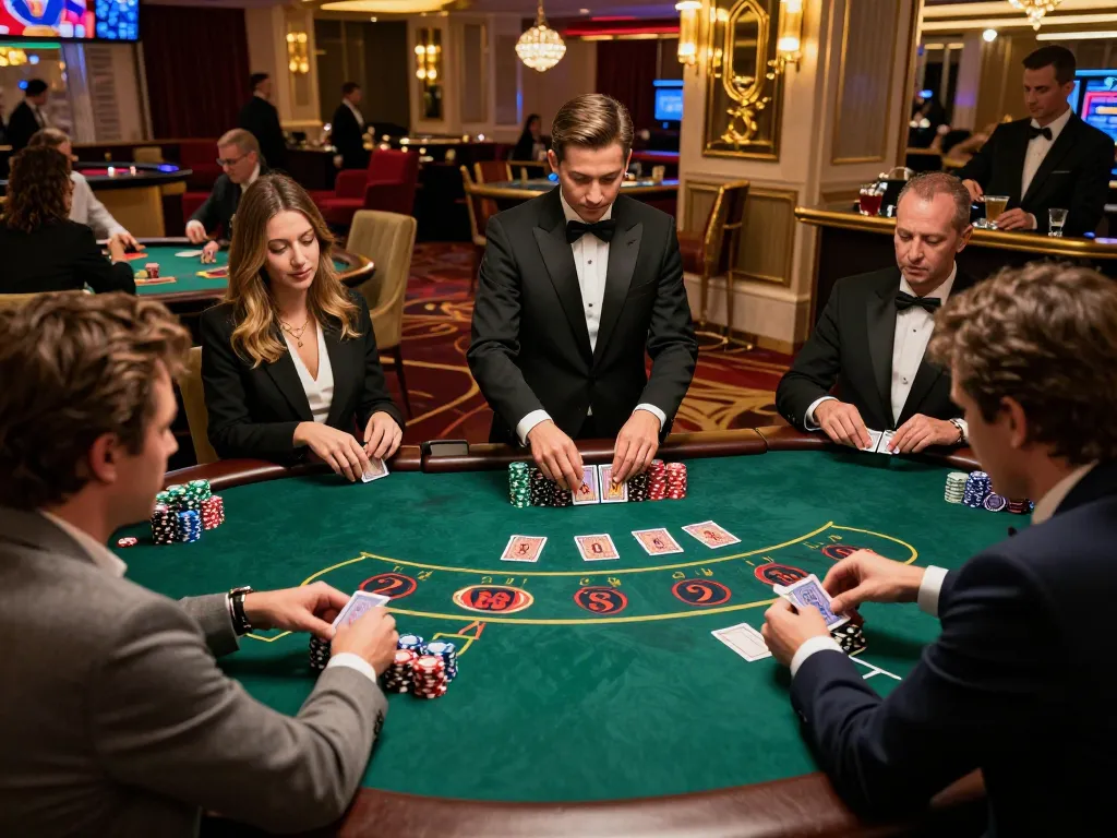 Players place bets at tg88 blackjack table in luxurious casino, enhancing strategic gameplay atmosphere.