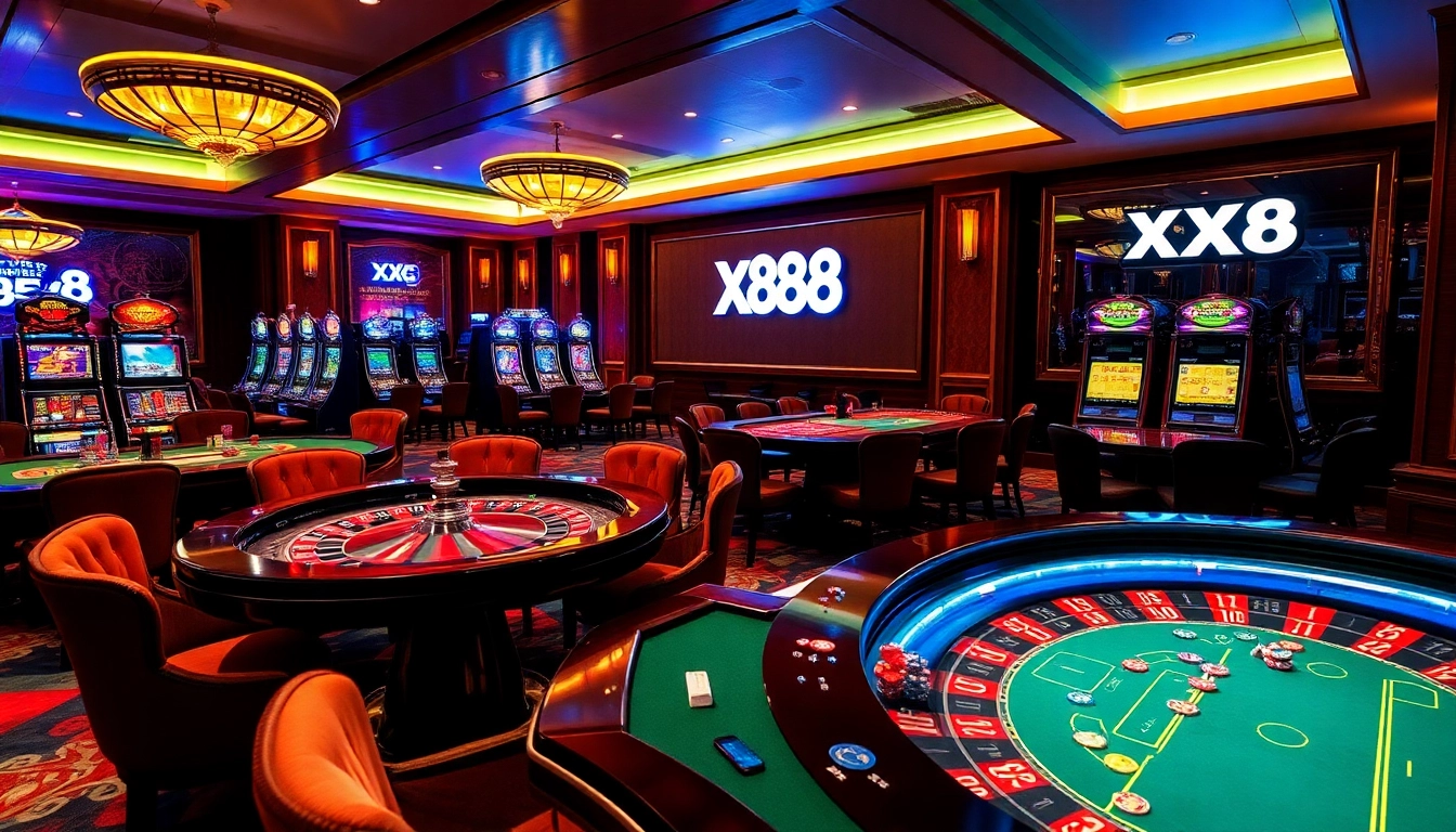 Experience the thrill of gambling at XX88's exciting casino gaming tables with vibrant chips and cards.