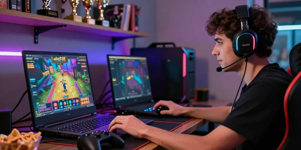 Player engaged with loket88 slot on a gaming laptop, illuminated by RGB lights.