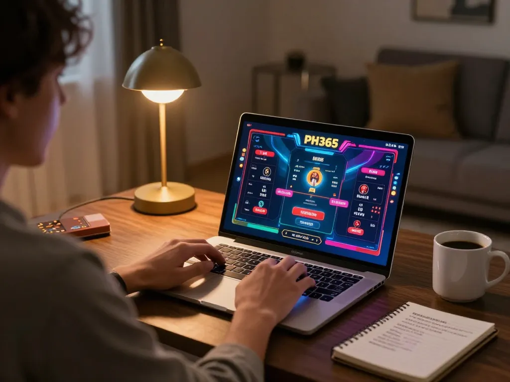 Engaging online gaming moment with PH365 showcasing live dealer games on laptop in cozy setting