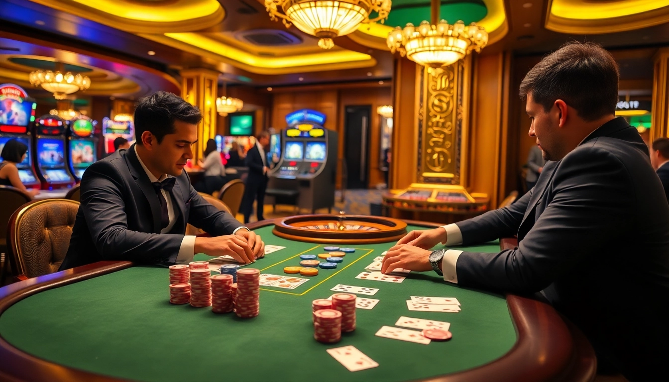 Engaging poker game scene at Vt88 nhà cái, showcasing intense players and vibrant chips.