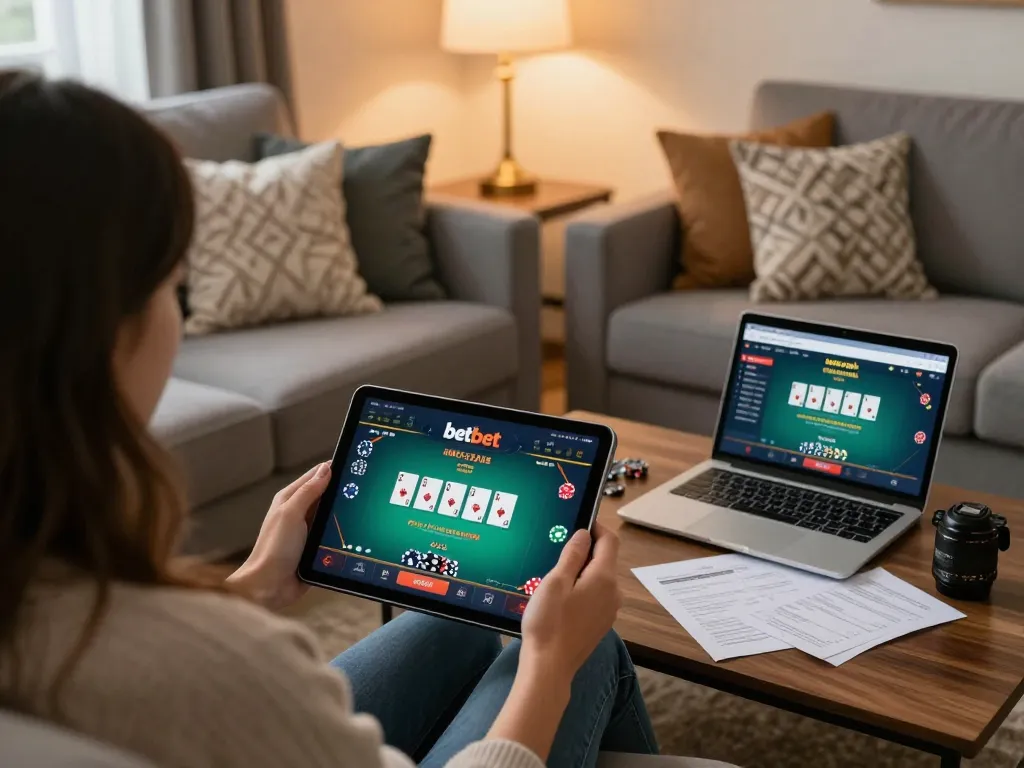 Engaging player enjoying poker on the betbet tablet in a warm home setting