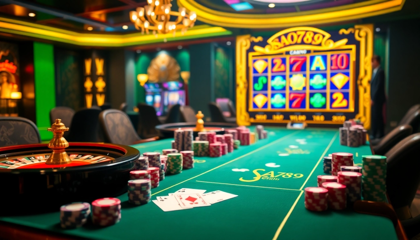 Sao789 offers an exciting online casino experience with poker chips and roulette wheels in a luxurious setting.