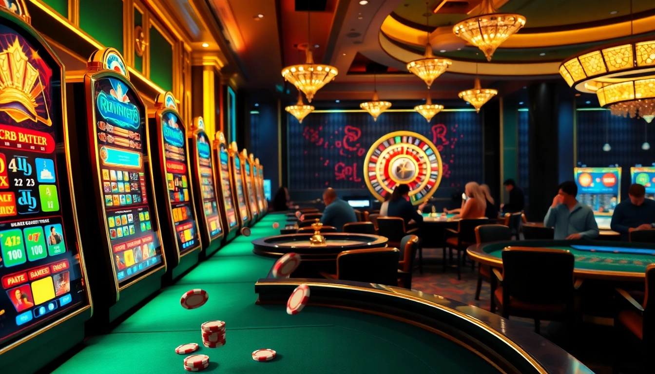 Pengalaman slot online Aman788 menampilkan mesin slot yang cerah dan pemain yang bersemangat di lingkungan kasino mewah.