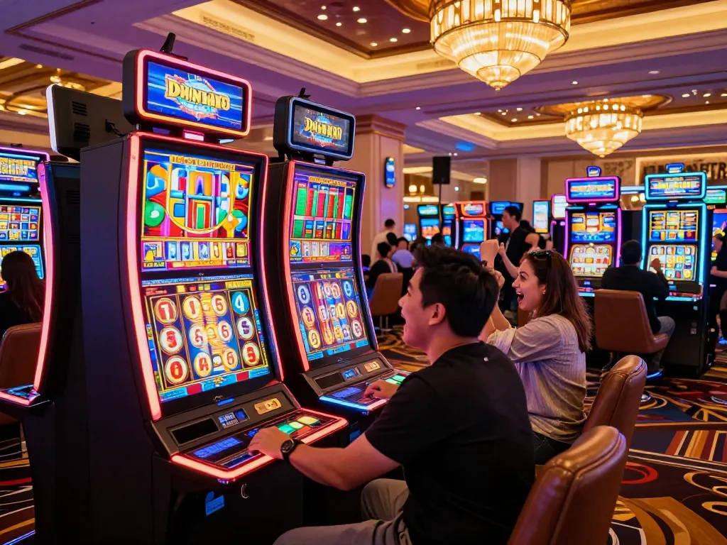 Players celebrating while engaging with link slot machines in an exciting casino atmosphere