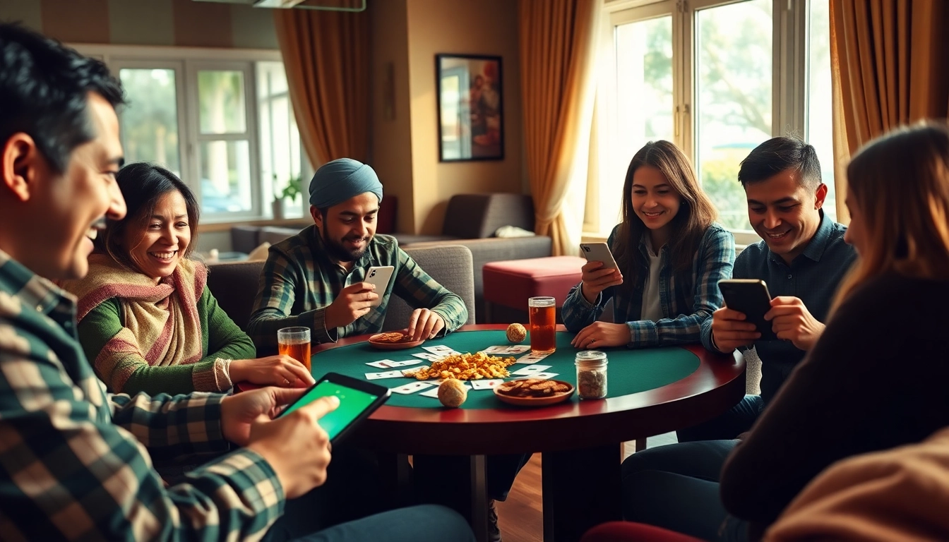 Rummy 91 players enjoying an engaging card game atmosphere with devices and warm lighting.
