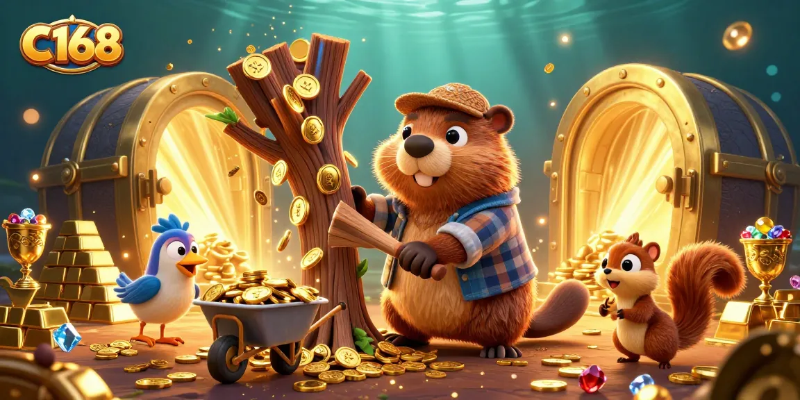 C168 showcases a lively casino scene with a cartoon beaver triggering golden coin rains, enhancing the gaming experience.