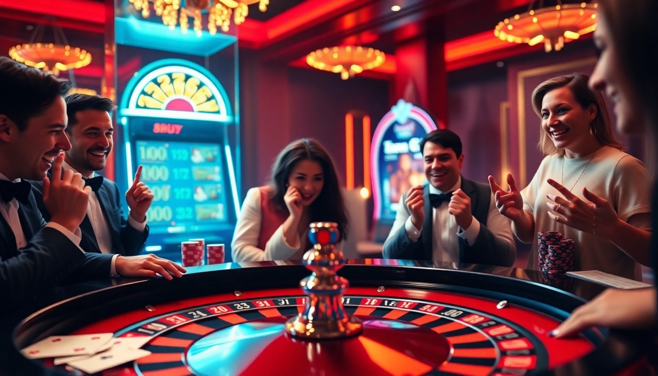 Excited players enjoying a thrilling roulette game at 8day's luxurious casino.